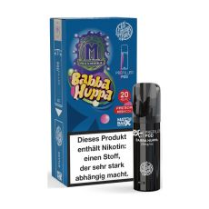 187 Strassenbande Liquid Pods Babba Huppa. Blaue Packung mit gelber Babba Huppa Aufschrift und schwarzem Liquid Pod.