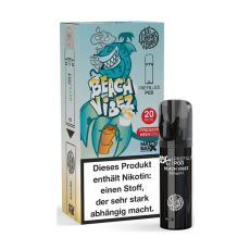 187 Strassenbande Liquid Pod Beach Vibez. Türkise Packung mit gelbe-weißer Beach Vibez Aufschrift und Hai mit schwarzem Liquid Pod.