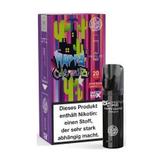 187 Strassenbande Liquid Pod Happy Cactuz. Bunt gestreifte Packung mit Kakteen und blauer Happy Aufschrift  mit schwarzem Liquid Pod.