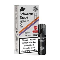 187 Strassenbande Pod Schwarze Taube. Weiße Packung mit lila-orangen Streifen und schwarzer Schwarze Taube Aufschrift mit schwarzem Liquid Pod.