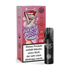 187 Strassenbande Pod Virgin Pussy. Rosa-rote Packung mit lila Virgin Pussy Aufschrift mit schwarzem Liquid Pod.