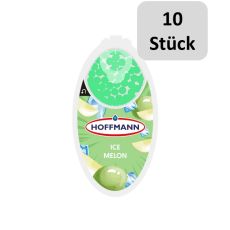 Packung Hoffmann Aromakugeln Eis Melone. Hellgrüne Packung mit Eis und Melonen und zehn Stück Bottom.