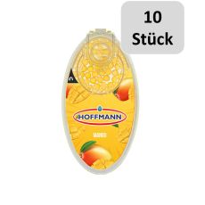 Packung Hoffmann Aromakugeln Mango. Gelbe Packung mit Mangos und gelben Kugeln und zehn Stück Bottom