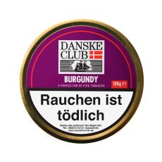 Dose Danske Club Pfeifentabak Burgundy. Lila Dose mit Danske Club Logo und weißer Burgundy Aufschrift.