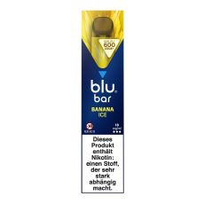 Packung blu bar E-Zigaretten Banana Ice. Blau-gelbe Schachtel mit weißer blu bar Aufschrift.