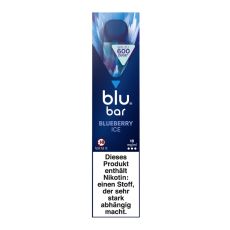 Packung blu bar E-Zigaretten Bluberry Ice. Blau-marmorierte Schachtel mit weißer blu bar und blauer Blueberry Ice Aufschrift.