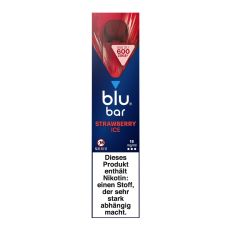 Packung blu bar E-Zigaretten Strawberry Ice. Blau-rote Schachtel mit weißer blu bar Aufschrift.