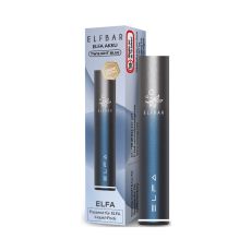 Elfbar E-Zigarette Elfa Akku Twilight Blue. Blau-silbernes Gerät in Pen-Optik mit blau marmoriete Verpackung.