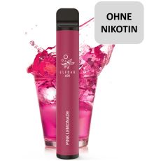 Einweg E-Zigaretten Elfbar 600 Pink Lemonade. Dunkelrosa Gerät mit Glas und rosa Limonade und ohne Nikotin Buttom.