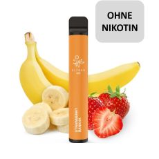 Einweg E-Zigaretten Elfbar 600 Strawberry Banana. Dunkelgelbes Gerät mit Bananen und Erdbeeren und ohne Nikotin Buttom.