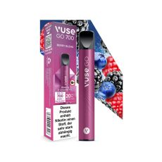 Packung Einweg E-Zigarette Vuse Go 700 Berry Blend. Lila Gerät mit lila Verpackung und Früchten.