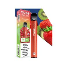 Packung Einweg E-Zigarette Vuse Go 700 Strawberry Kiwi. Rotes Gerät mit rot-grüner Packung, Erdbeeren und Kiwis.