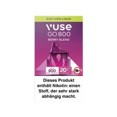 Packung Einweg E-Zigarette Vuse Go 800 Berry Blend. Gelb-rosa Verpackung mit rosa Vuse Go Gerät.