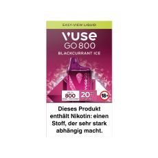 Packung Einweg E-Zigarette Vuse Go 800 Blackcurrant Ice. Dunkelrote Verpackung mit dunkelrotem Vuse Go Gerät.