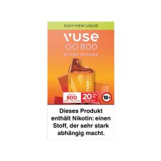 Packung Einweg E-Zigarette Vuse Go 800 Blood Orange. Grün-orange Verpackung mit orangem Vuse Go Gerät.