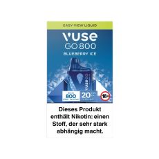 Packung Einweg E-Zigarette Vuse Go 800 Blueberry Ice. Blau-grüne Verpackung mit blauem Vuse Go Gerät.