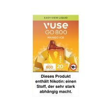 Packung Einweg E-Zigarette Vuse Go 800 Mango Ice. Grün-gelbe Verpackung mit gelben Vuse Go Gerät.