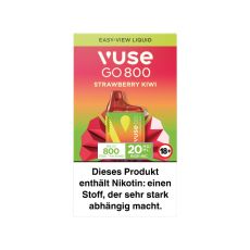 Packung Einweg E-Zigarette Vuse Go 800 Starwberry Kiwi. Gelb-rote Verpackung mit rot-grünem Vuse Go Gerät.