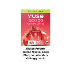 Packung Einweg E-Zigarette Vuse Go 800 Watermelon Ice. Grün-rote Verpackung mit rotem Vuse Go Gerät.