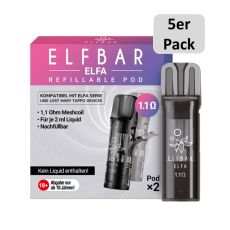 Elfbar Elfa Leer Pods. Rosa-lila-grau gemusterte Packung mit großer Elfbar Aufschrift und grauen Liquid Pod und 5er Pack Bottom.