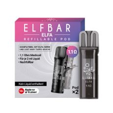 Elfbar Elfa Leer Pods. Rosa-lila-grau gemusterte Packung mit großer Elfbar Aufschrift und grauen Liquid Pod.