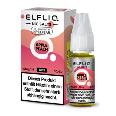 Elfbar Elfliq Nic Salt Liquid Apple Peach. Rosa-pfirsichfarbende gemusterte Packung mit großer Elfliq Aufschrift und PET-Flasche.