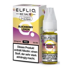 Elfbar Elfliq Nic Salt Liquid Blackberry Lemon. Gelb-lila gemusterte Packung mit großer Elfliq Aufschrift und PET-Flasche.