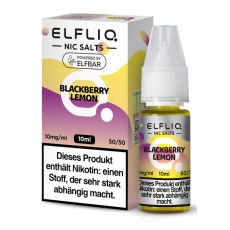 Elfbar Elfliq Nic Salt Liquid Blackberry Lemon. Gelb-lila gemusterte Packung mit großer Elfliq Aufschrift und PET-Flasche.