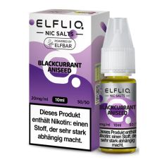 Elfbar Elfliq Nic Salt Liquid Blackcurrant Aniseed. Lila gemusterte Packung mit großer Elfliq Aufschrift und PET-Flasche.