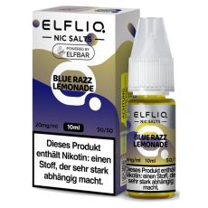 Elfbar Elfliq Nic Salt Liquid Blue Razz Lemonade. Lila-beige gemusterte Packung mit großer Elfliq Aufschrift und PET-Flasche