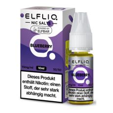 Elfbar Elfliq Nic Salt Liquid Blueberry. Lila-weiße gemusterte Packung mit großer Elfliq Aufschrift und PET-Flasche.