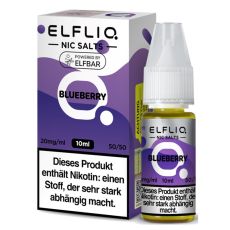 Elfbar Elfliq Nic Salt Liquid Blueberry. Lila-weiße gemusterte Packung mit großer Elfliq Aufschrift und PET-Flasche.