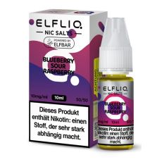 Elfbar Elfliq Nic Salt Liquid Blueberry Sour Raspberry. Lila-weiße gemusterte Packung mit großer Elfliq Aufschrift und PET-Flasche.