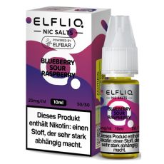 Elfbar Elfliq Nic Salt Liquid Blueberry Sour Raspberry. Lila-weiße gemusterte Packung mit großer Elfliq Aufschrift und PET-Flasche.