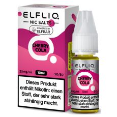 Elfbar Elfliq Nic Salt Liquid Cola. Rosa gemusterte Packung mit großer Elfliq Aufschrift und PET-Flasche.