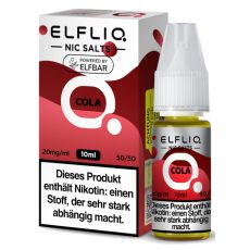 Elfbar Elfliq Nic Salt Liquid Cola. Braun-Rosa gemusterte Packung mit großer Elfliq Aufschrift und PET-Flasche.