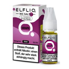 Elfbar Elfliq Nic Salt Liquid Grape. Lila gemusterte Packung mit großer Elfliq Aufschrift und PET-Flasche.