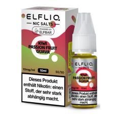 Elfbar Elfliq Nic Salt Liquid Kiwi Passion Fruit Guava. Rot-hellgrün gemusterte Packung mit großer Elfliq Aufschrift und PET-Flasche.