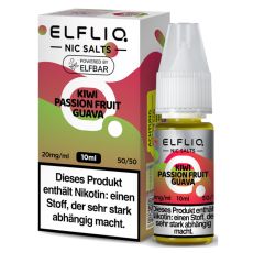 Elfbar Elfliq Nic Salt Liquid Kiwi Passion Fruit Guava. Rot-hellgrün gemusterte Packung mit großer Elfliq Aufschrift und PET-Flasche.