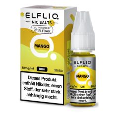 Elfbar Elfliq Nic Salt Liquid Mango. Gelb-weiße gemusterte Packung mit großer Elfliq Aufschrift und PET-Flasche.