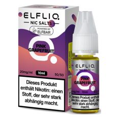 Elfbar Elfliq Nic Salt Liquid Pink Grapefruit. Rosa-lila gemusterte Packung mit großer Elfliq Aufschrift und PET-Flasche.