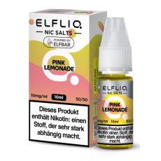 Elfbar Elfliq Nic Salt Liquid Pink Lemonade. Rosa-hellgrün gemusterte Packung mit großer Elfliq Aufschrift und PET-Flasche.