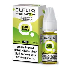 Elfbar Elfliq Nic Salt Liquid Sour Apple. Hellgrün gemusterte Packung mit großer Elfliq Aufschrift und PET-Flasche.