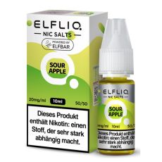 Elfbar Elfliq Nic Salt Liquid Sour Apple. Hellgrün gemusterte Packung mit großer Elfliq Aufschrift und PET-Flasche.