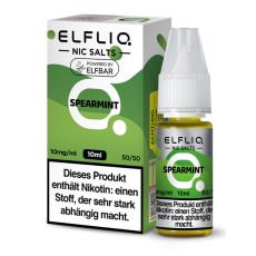 Elfbar Elfliq Nic Salt Liquid Spearmint. Grün gemusterte Packung mit großer Elfliq Aufschrift und PET-Flasche.