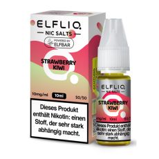 Elfbar Elfliq Nic Salt Liquid Strawberry Ice. Rosa-hellgrüne gemusterte Packung mit großer Elfliq Aufschrift und PET-Flasche.