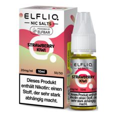 Elfbar Elfliq Nic Salt Liquid Strawberry Ice. Rosa-hellgrüne gemusterte Packung mit großer Elfliq Aufschrift und PET-Flasche.