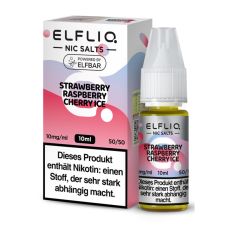 Elfbar Elfliq Nic Salt Liquid Strawberry Raspberry Cherry Ice. Rosa-helllila gemusterte Packung mit großer Elfliq Aufschrift und PET-Flasche.