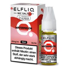 Elfbar Elfliq Nic Salt Liquid Watermelon. Rot-rosa gemusterte Packung mit großer Elfliq Aufschrift und PET-Flasche.