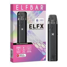 Elfbar E-Zigarette Elfa Elfx Black. Schwarzes Gerät in Pen-Optik mit grau-lila Verpackung.